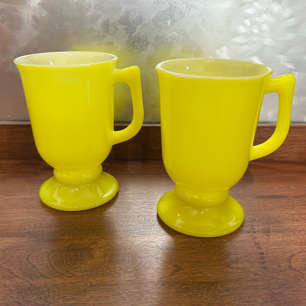 Vintage Yellow Milk Glass Pedestal Stemmed Footed RETRO Mug - Set of 2